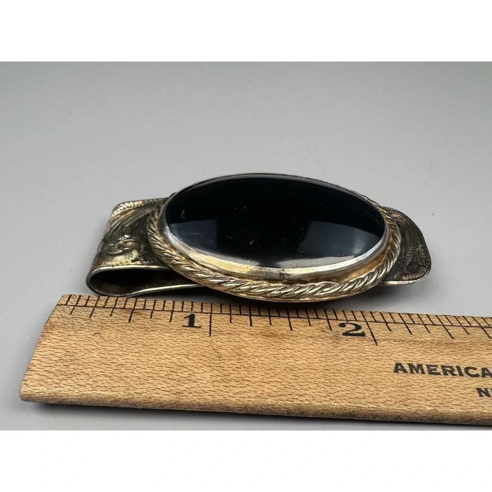 Sterling Silver Black Onyx Money Clip Vintage Hand Engraved Western 45.7g